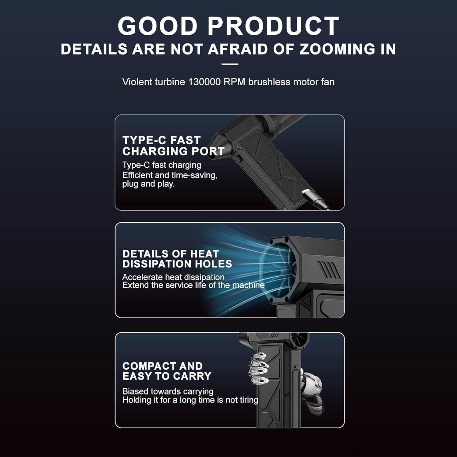 Compressed Air Duster, 130000RPM Handheld Car Vacuum-Air Blower& Pump, 4 Gear Adjustable Electric Air Duste LED Light