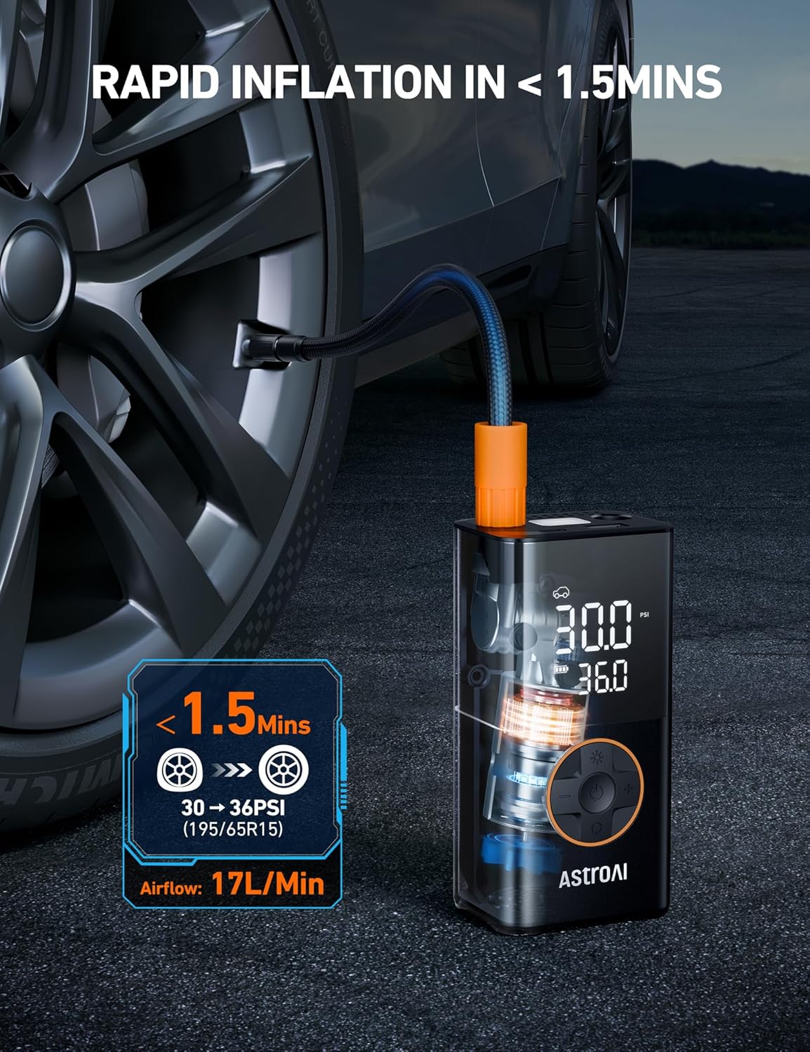 L7 Tire Inflator Portable Air Compressor Cordless Mini Bike Pump with Digital Dual Values Display, 150 PSI Car Tires Air Pump with LED Lights&Pressure Gauge for Auto, Motorcycles, Bikes, Balls